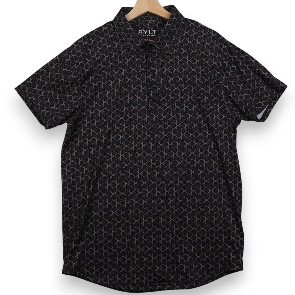 BYLT Mens Pattern Performance Polo Large Black Geometric Stretch Shirt FLAW